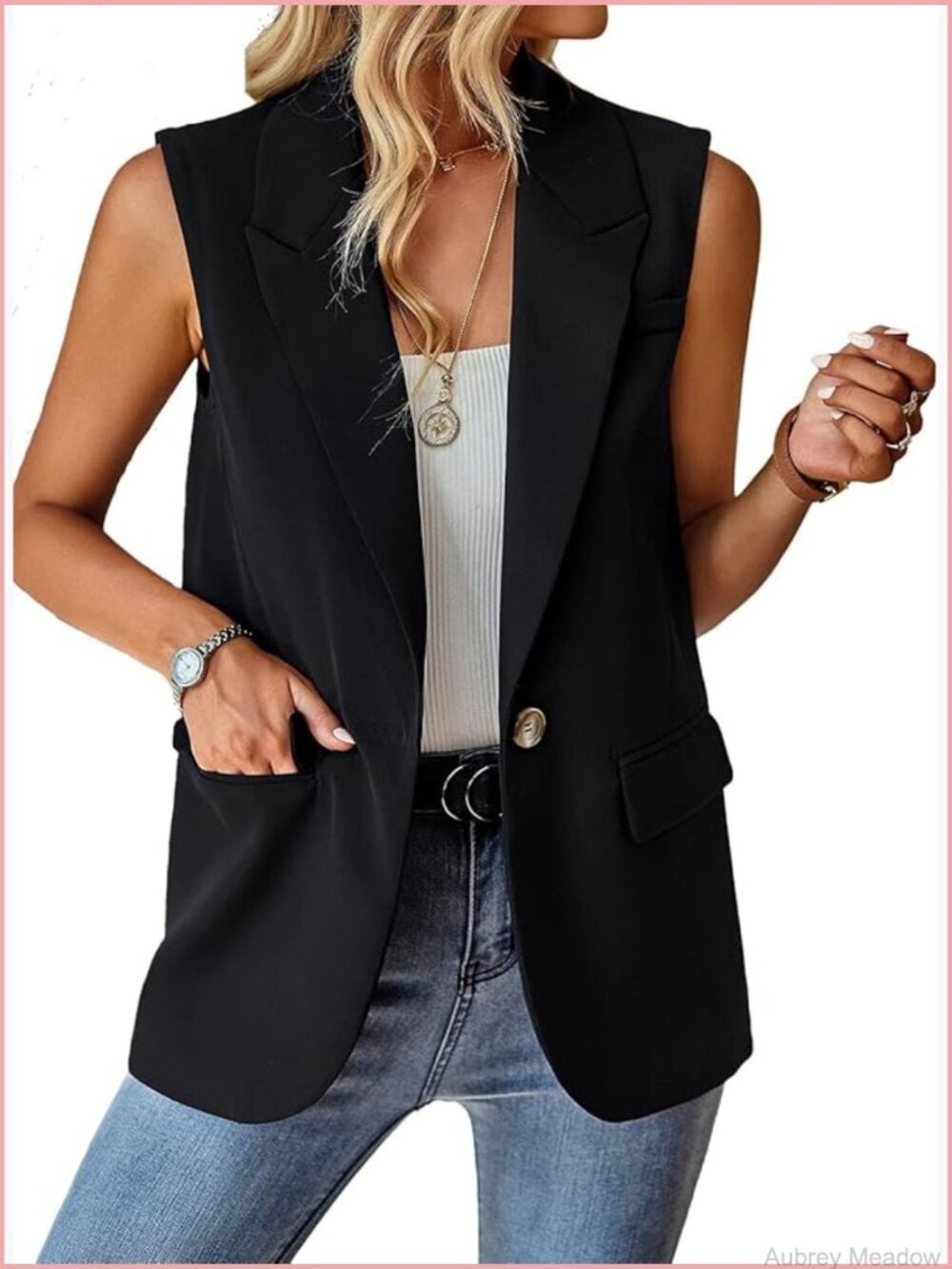 Sleeveless Blazer Vest Open Front Lapel Collar Pockets Work Office Summer Jacket